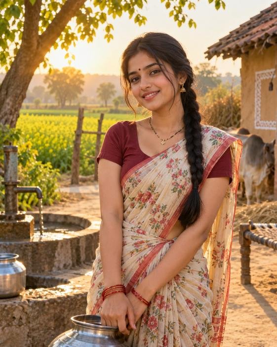Beautiful young woman in simple cotton saree outdoors