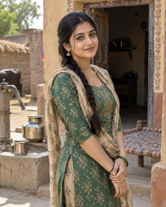 Beautiful desi girl standing outside a village house