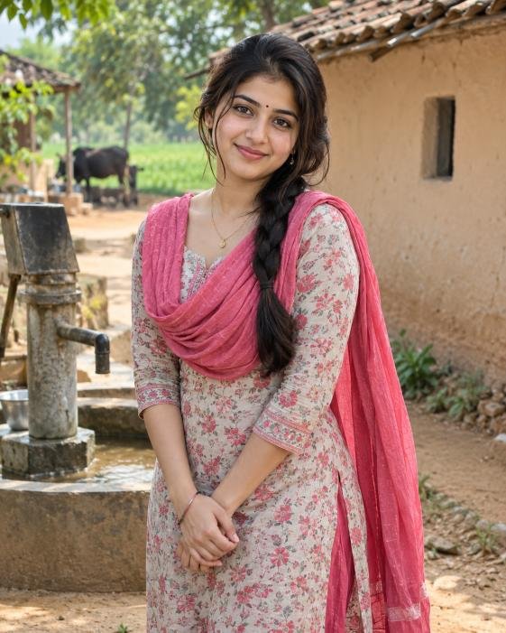 Beautiful village girl wearing salwar kameez in rural setting