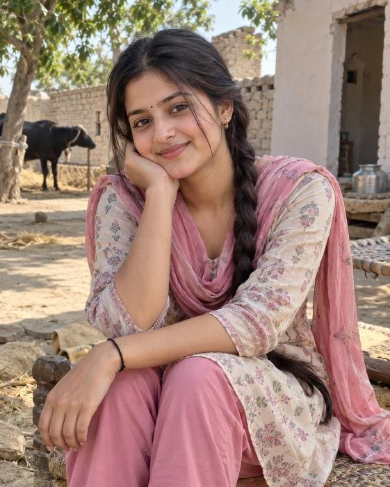 Cute village girl in a simple everyday look