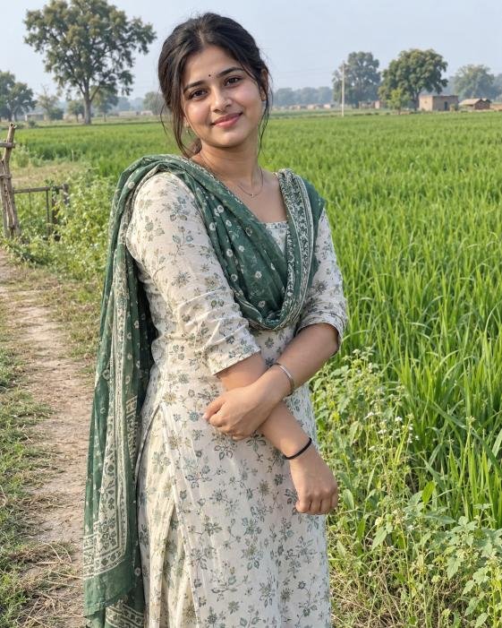 Gaon ki ladki standing in green agricultural fields