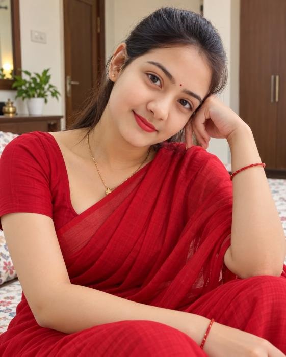 Gharelu ladki wearing simple red saree indoors