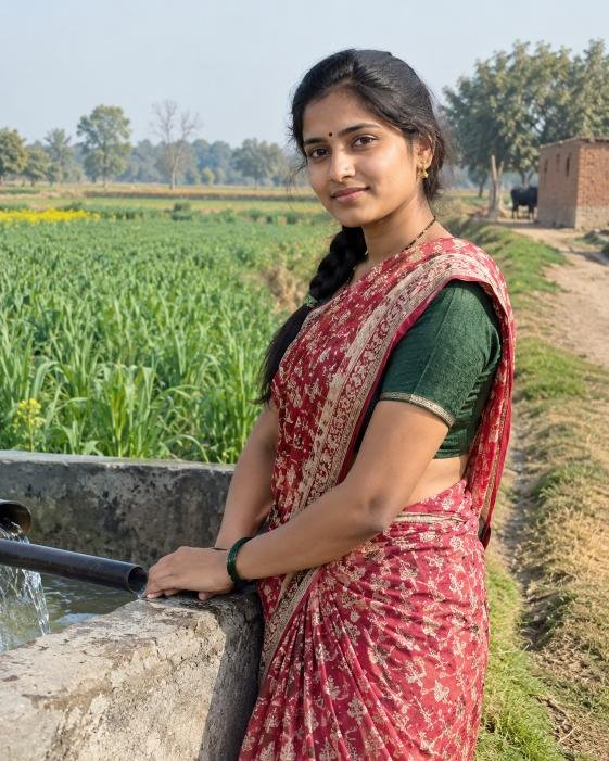 Indian village girl posing beside agricultural farmland