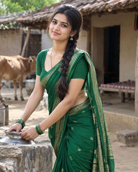 Indian village girl wearing beautiful green saree