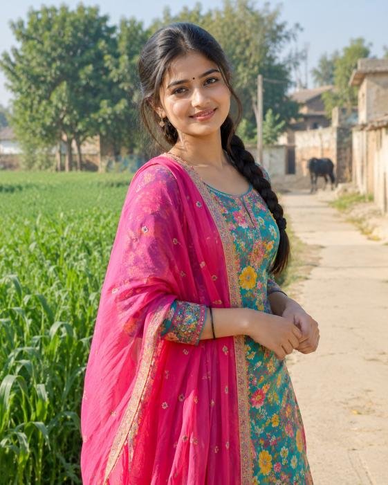 Indian village girl wearing colorful salwar suit outdoors