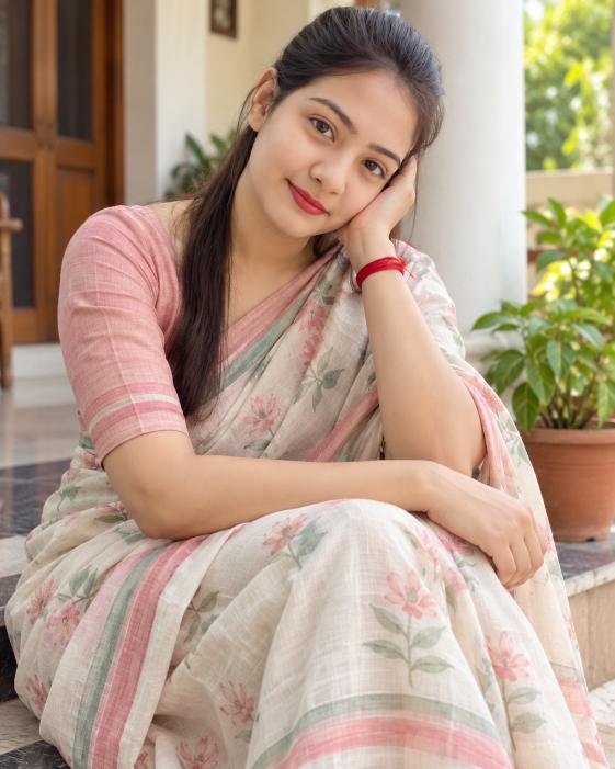 Indian woman in cotton saree sitting on veranda
