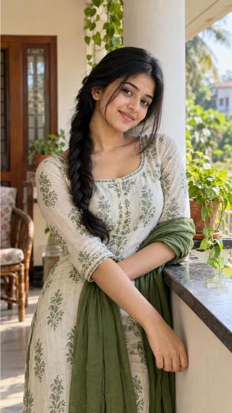 Indian woman on veranda in soft daylight HD wallpaper