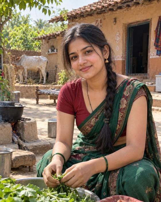Natural Indian village girl wearing traditional clothes