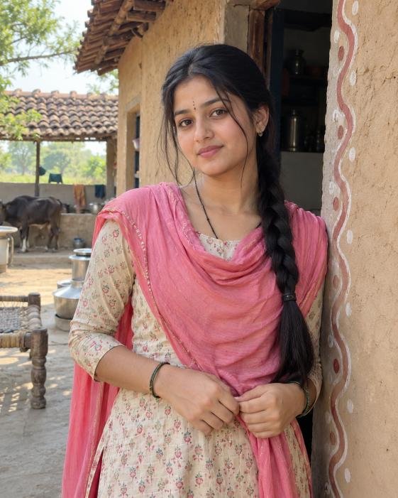 Natural looking gaon ki ladki standing near village home