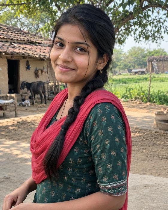 Natural village girl smiling outdoors without heavy makeup