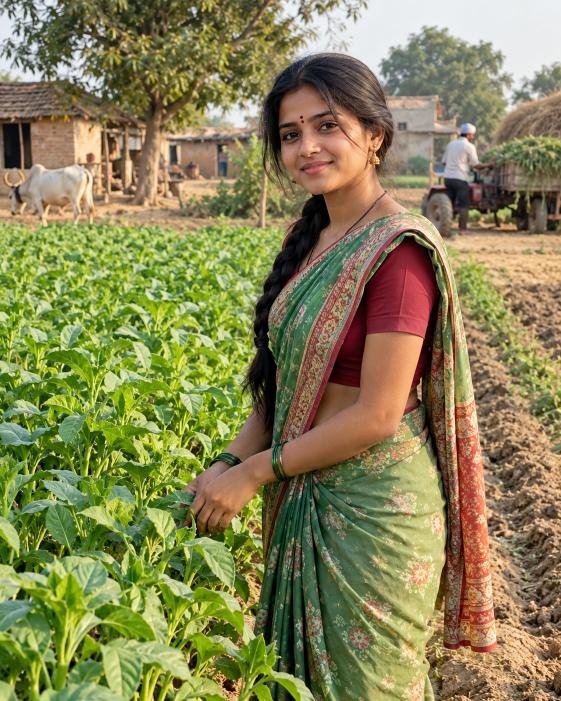Rural girl standing beside crops in a village