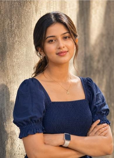 Simple gharelu girl in blue top with clean indoor background