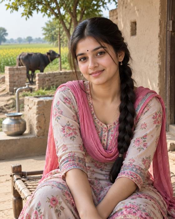Simple Indian village girl with traditional hairstyle