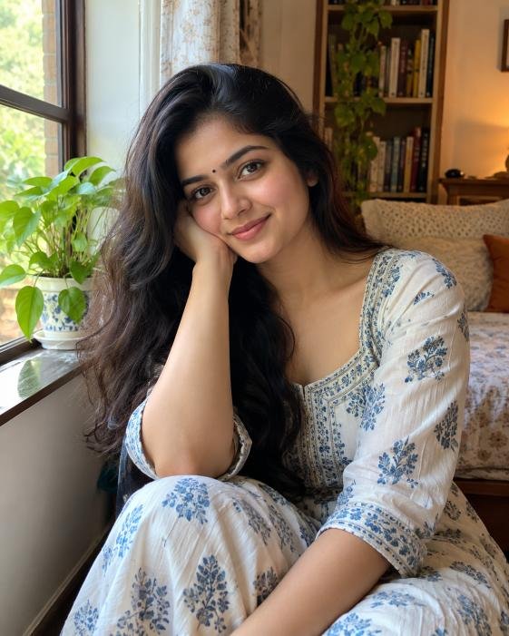 Simple Indian woman in light blue floral dress indoors