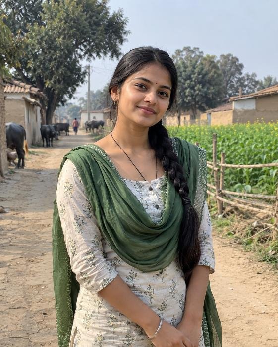 Simple village girl with countryside background
