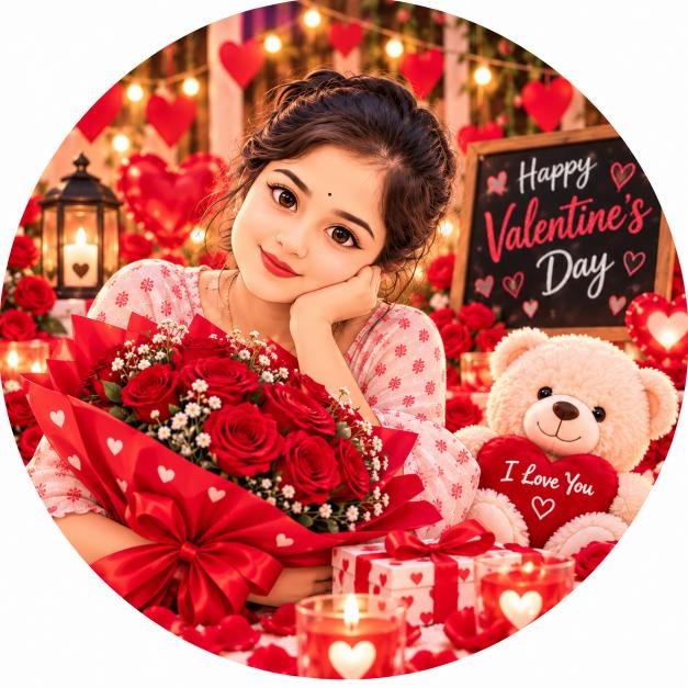 Valentine day me gift deti hui cartoon ladki ki rounded photo