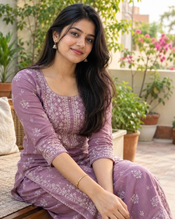 Young Indian woman in traditional kurti with simple jewelry