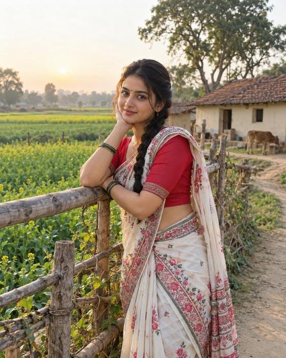 Traditional village girl posing in a peaceful rural setting