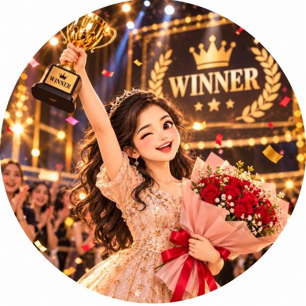 winner banti hui trophy ke sath cartoon ladki ki circle photo