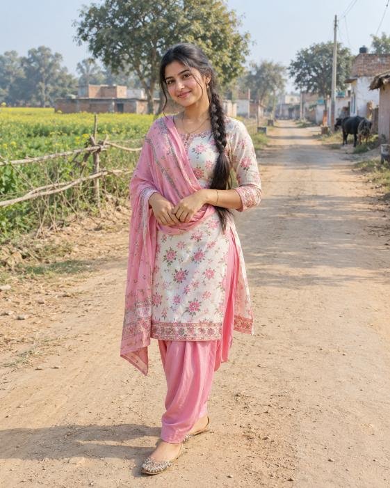 Village girl in salwar suit standing on a country road