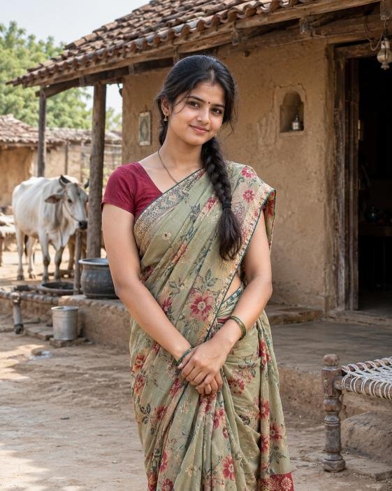 Village girl in saree standing outside a rural home