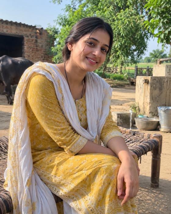 Village girl sitting outdoors in a natural rural setting