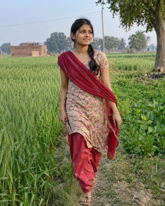 Village girl walking through a rural farm field