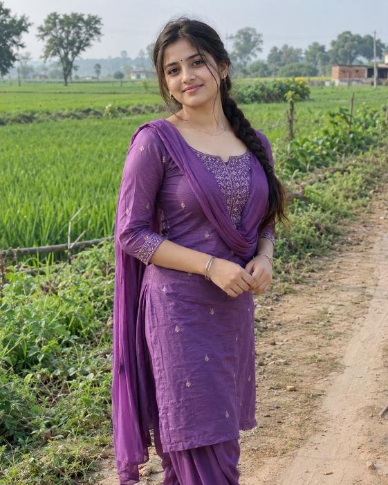 Village girl wearing purple salwar suit near green fields