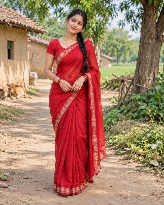 Village girl wearing red saree in rural background