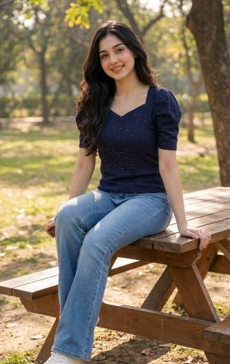 Young Indian woman in casual home look sitting outdoors