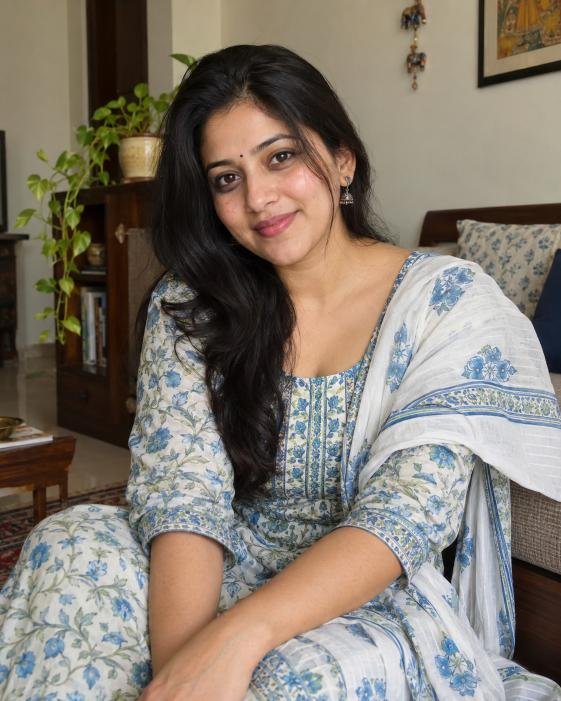 Young Indian woman wearing everyday ethnic clothes indoors