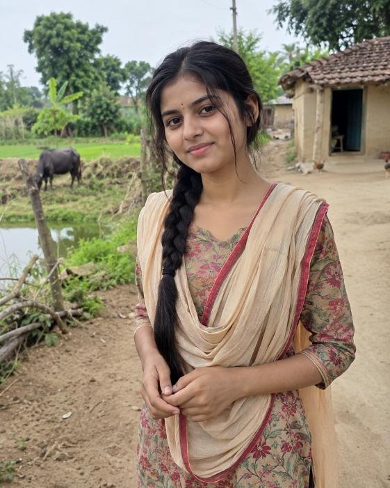 Young rural girl in natural village surroundings