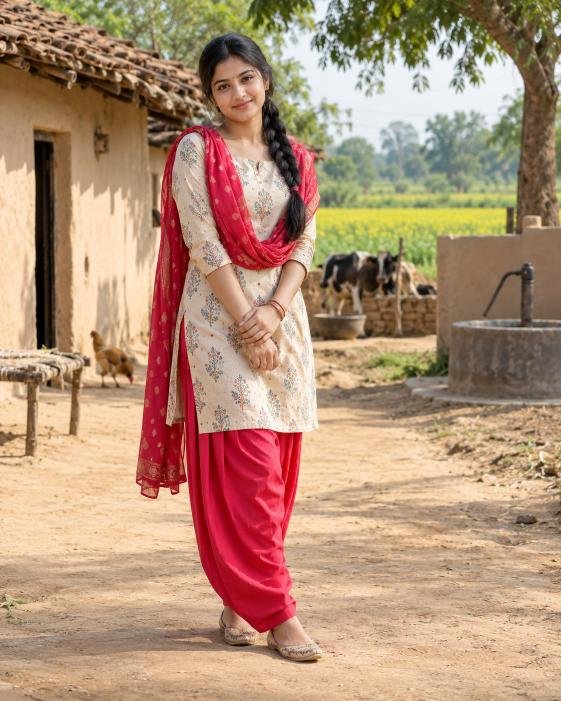 Young village girl standing outdoors in traditional Indian dress