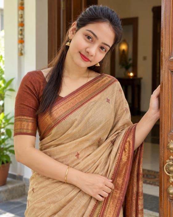 Young woman in cotton saree standing in home courtyard