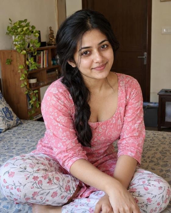 Young woman in pink home dress sitting indoors naturally