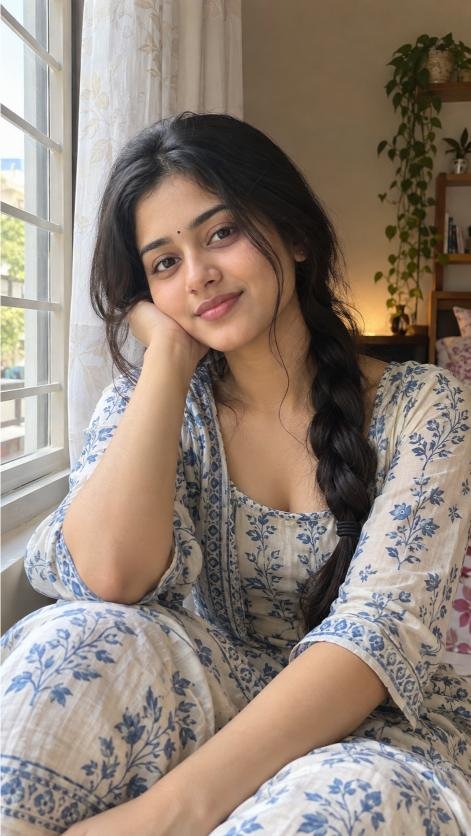Young woman near window with natural home background wallpaper