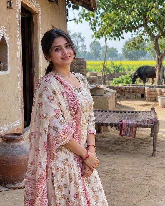 Young girl standing near village house